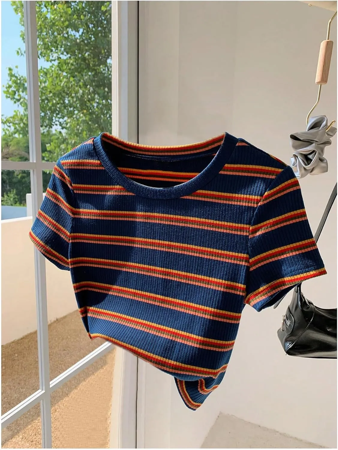 Women's Striped Colorblock T Shirt Short Sleeve Crew Neck Ribbed Knit Crop Tops