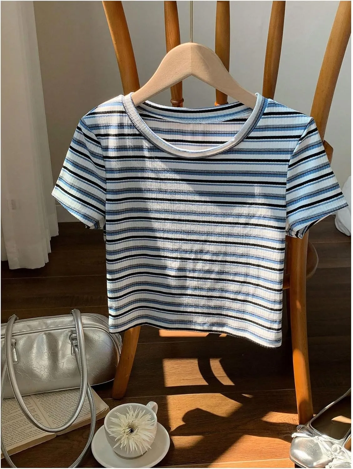 Women's Striped Colorblock T Shirt Short Sleeve Crew Neck Ribbed Knit Crop Tops