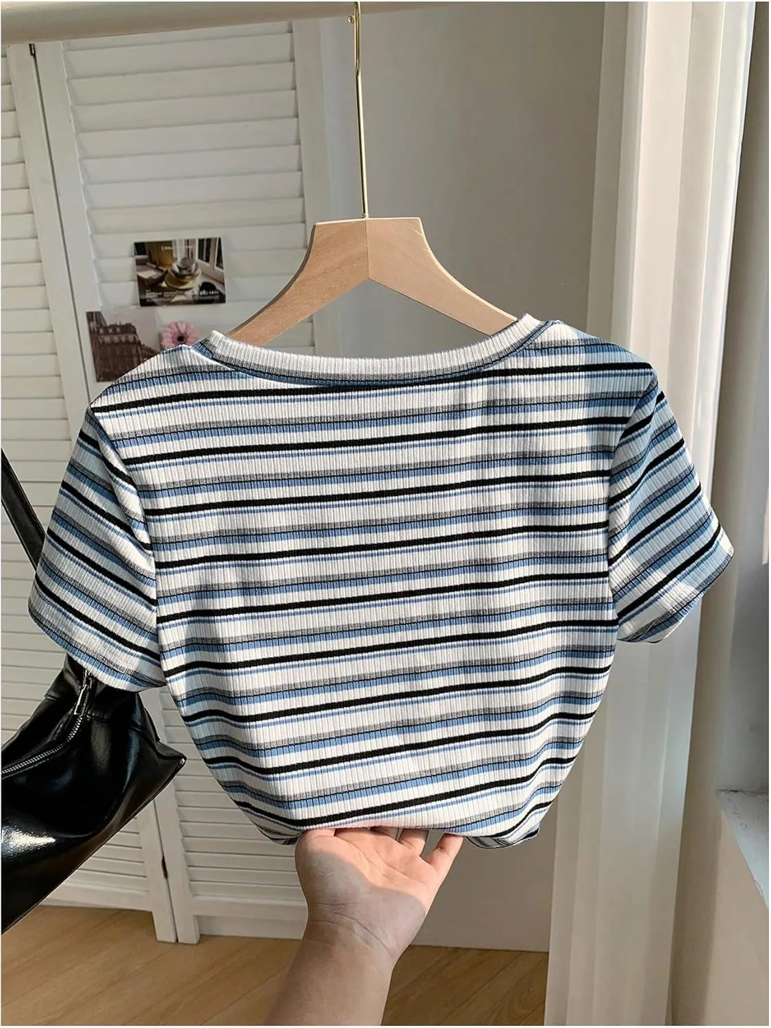 Women's Striped Colorblock T Shirt Short Sleeve Crew Neck Ribbed Knit Crop Tops