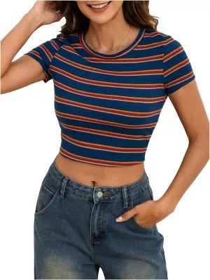 Women's Striped Colorblock T Shirt Short Sleeve Crew Neck Ribbed Knit Crop Tops