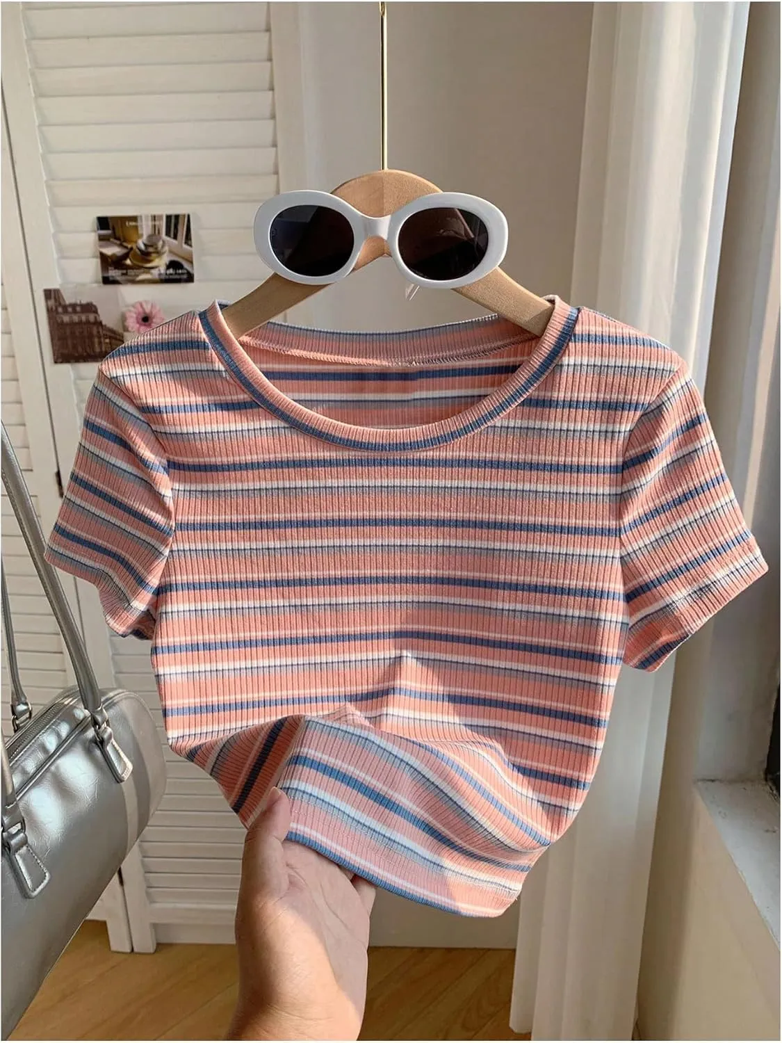 Women's Striped Colorblock T Shirt Short Sleeve Crew Neck Ribbed Knit Crop Tops
