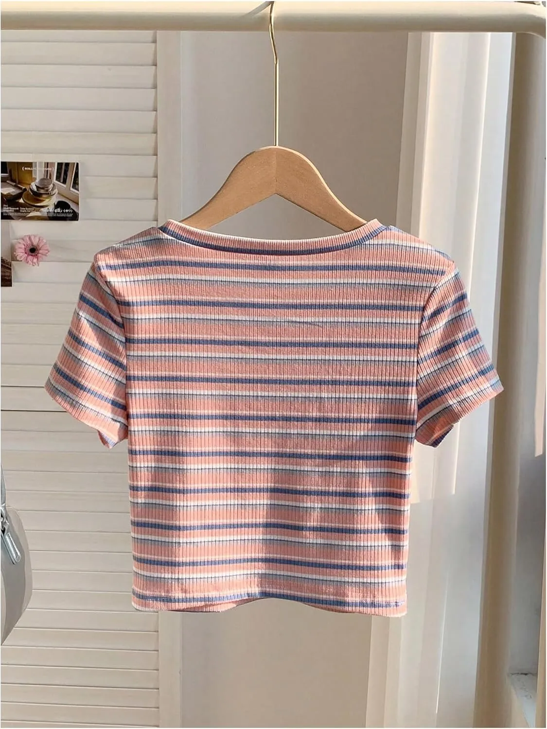 Women's Striped Colorblock T Shirt Short Sleeve Crew Neck Ribbed Knit Crop Tops