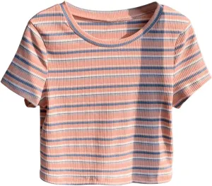 Women's Striped Colorblock T Shirt Short Sleeve Crew Neck Ribbed Knit Crop Tops
