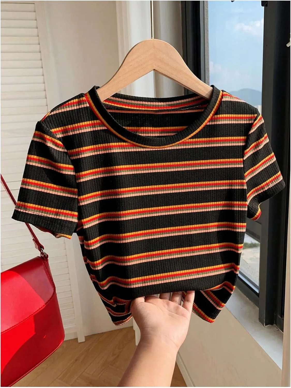 Women's Striped Colorblock T Shirt Short Sleeve Crew Neck Ribbed Knit Crop Tops