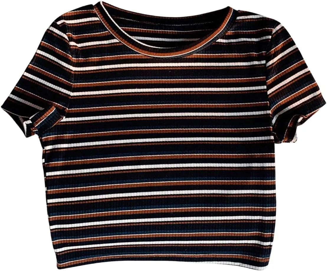 Women's Striped Colorblock T Shirt Short Sleeve Crew Neck Ribbed Knit Crop Tops
