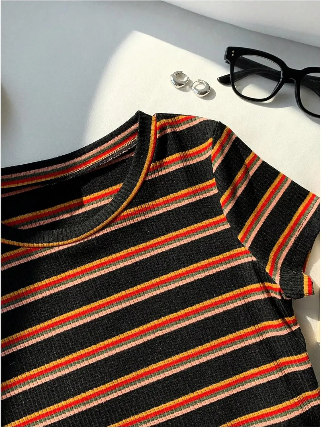 Women's Striped Colorblock T Shirt Short Sleeve Crew Neck Ribbed Knit Crop Tops
