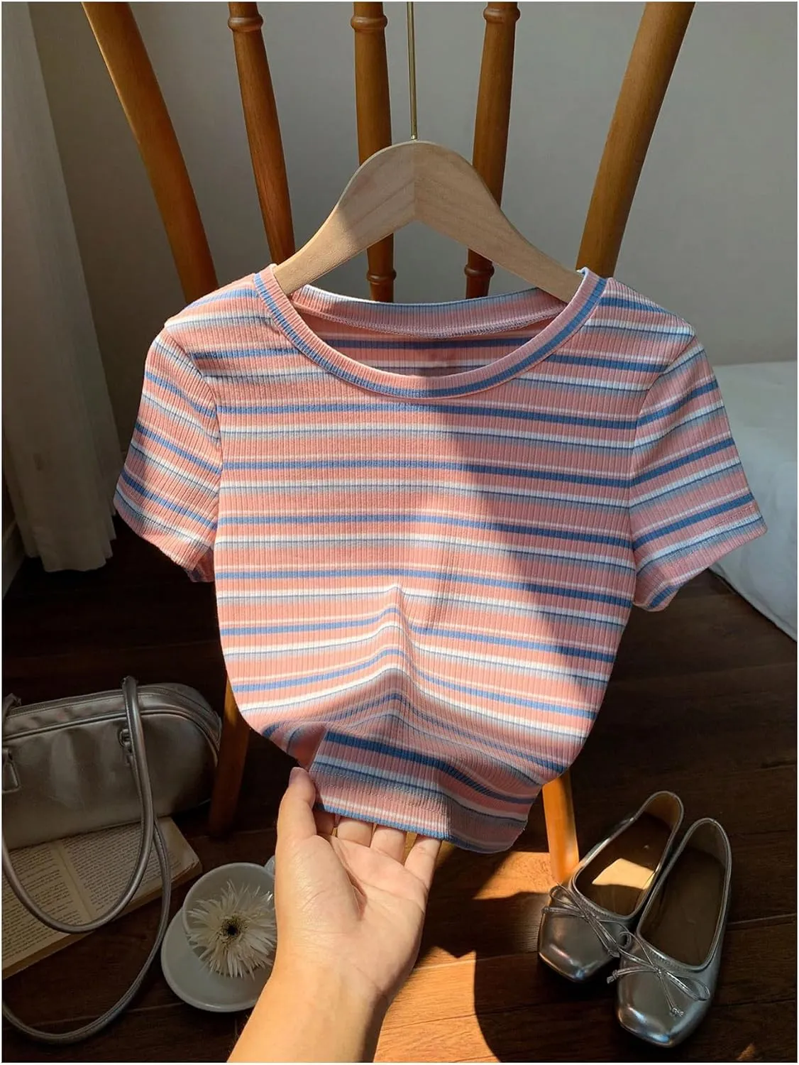 Women's Striped Colorblock T Shirt Short Sleeve Crew Neck Ribbed Knit Crop Tops