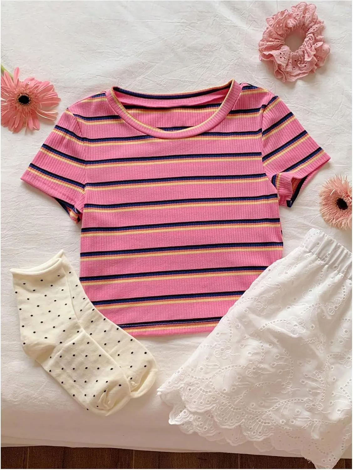 Women's Striped Colorblock T Shirt Short Sleeve Crew Neck Ribbed Knit Crop Tops