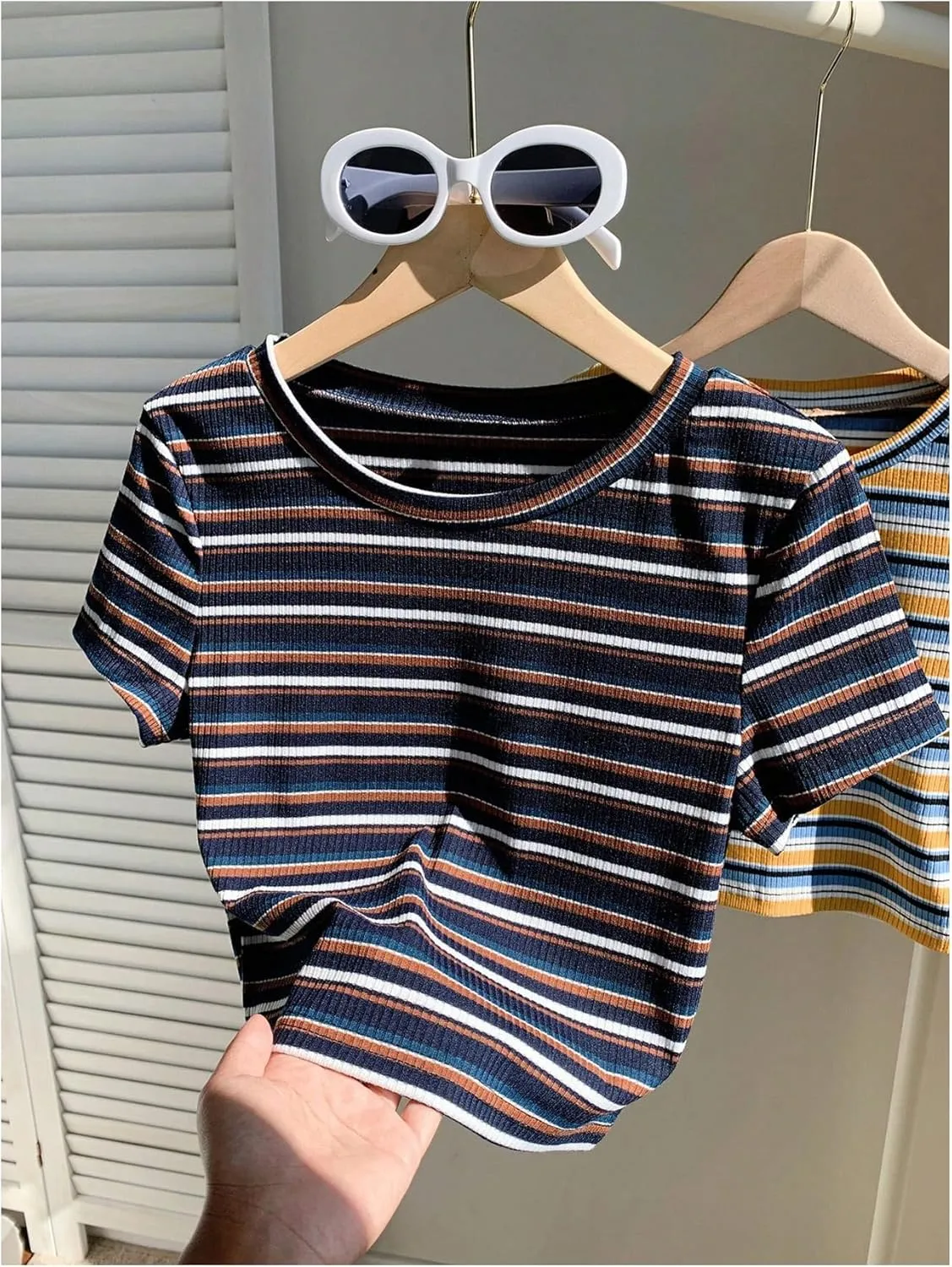 Women's Striped Colorblock T Shirt Short Sleeve Crew Neck Ribbed Knit Crop Tops
