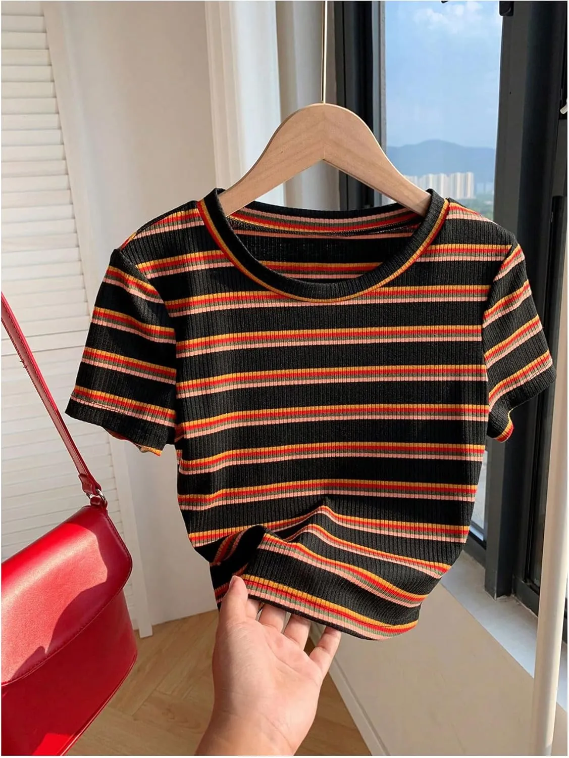 Women's Striped Colorblock T Shirt Short Sleeve Crew Neck Ribbed Knit Crop Tops