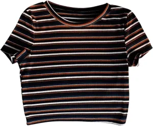 Women's Striped Colorblock T Shirt Short Sleeve Crew Neck Ribbed Knit Crop Tops