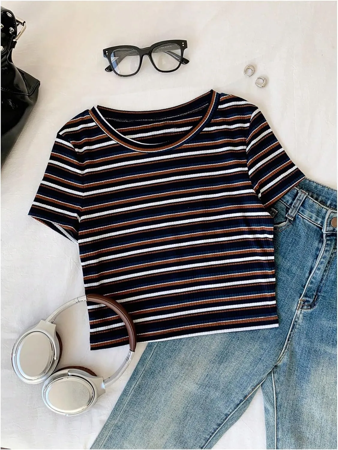 Women's Striped Colorblock T Shirt Short Sleeve Crew Neck Ribbed Knit Crop Tops