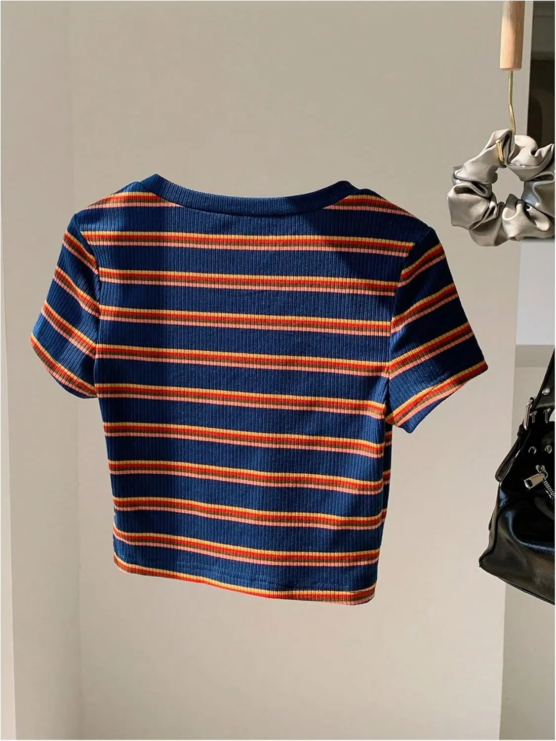 Women's Striped Colorblock T Shirt Short Sleeve Crew Neck Ribbed Knit Crop Tops