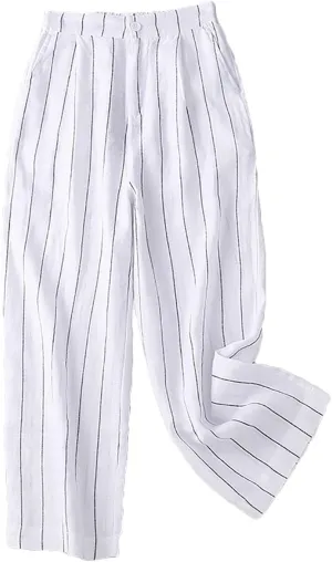 Womens Stripes Cotton Linen Pants, Summer Lightweight Boho Wide Leg High Waist Casual Lounge Trousers with Pockets New
