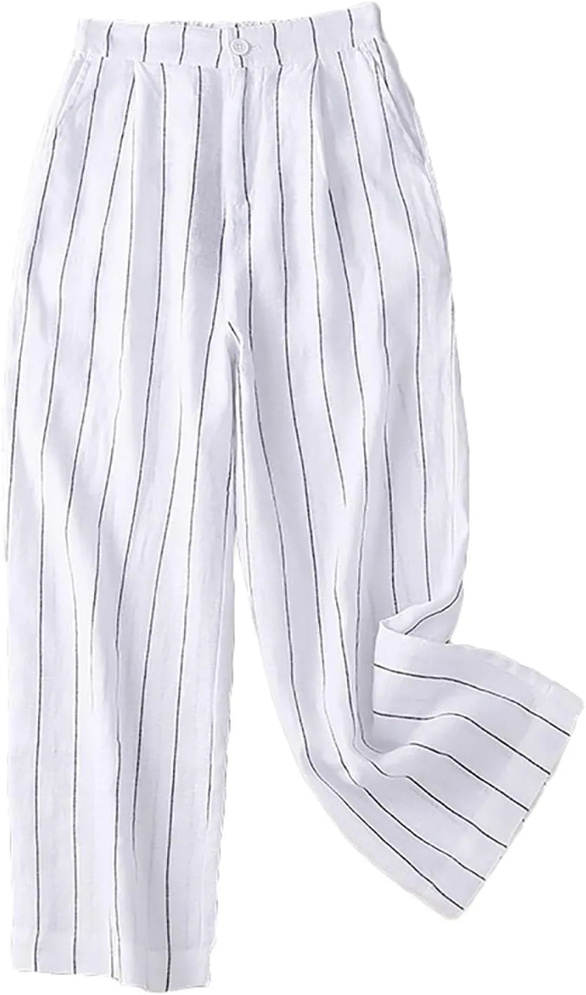 Womens Stripes Cotton Linen Pants, Summer Lightweight Boho Wide Leg High Waist Casual Lounge Trousers with Pockets New