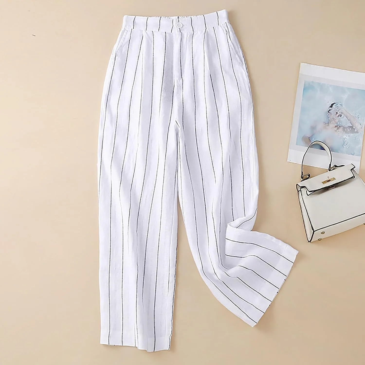 Womens Stripes Cotton Linen Pants, Summer Lightweight Boho Wide Leg High Waist Casual Lounge Trousers with Pockets New