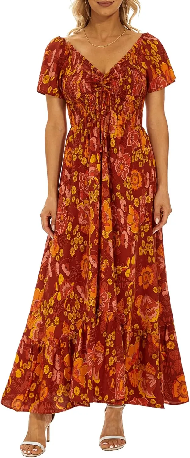 Women's Summer Casual Short Sleeve V Neck Smocked Elastic Waist Tiered Boho Floral Flowy Maxi Dress