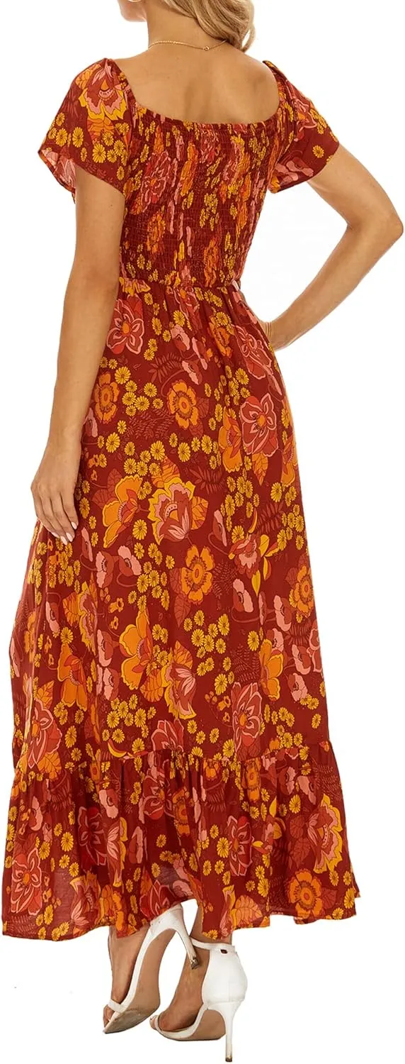 Women's Summer Casual Short Sleeve V Neck Smocked Elastic Waist Tiered Boho Floral Flowy Maxi Dress