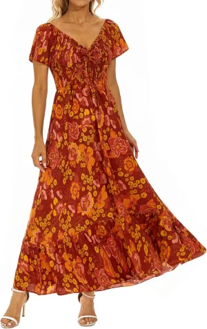 Women's Summer Casual Short Sleeve V Neck Smocked Elastic Waist Tiered Boho Floral Flowy Maxi Dress