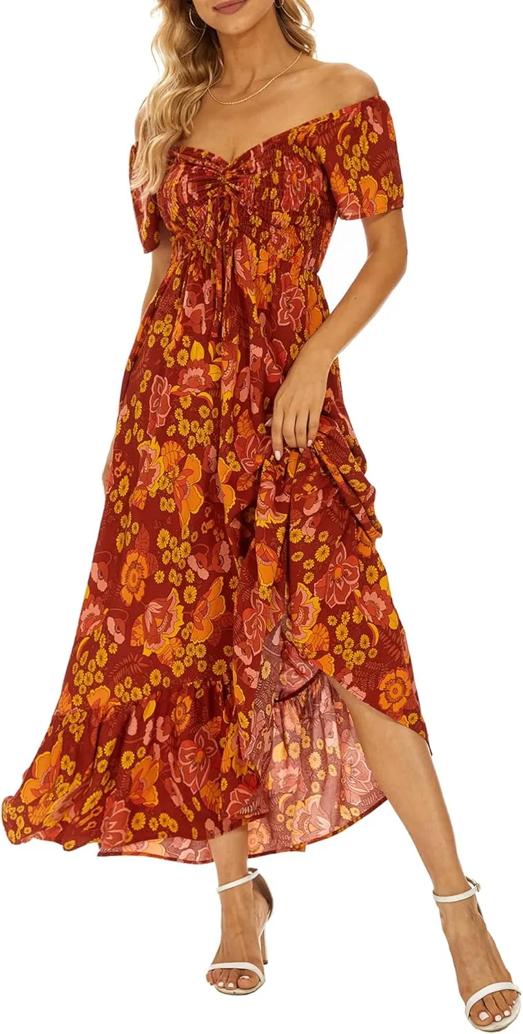 Women's Summer Casual Short Sleeve V Neck Smocked Elastic Waist Tiered Boho Floral Flowy Maxi Dress