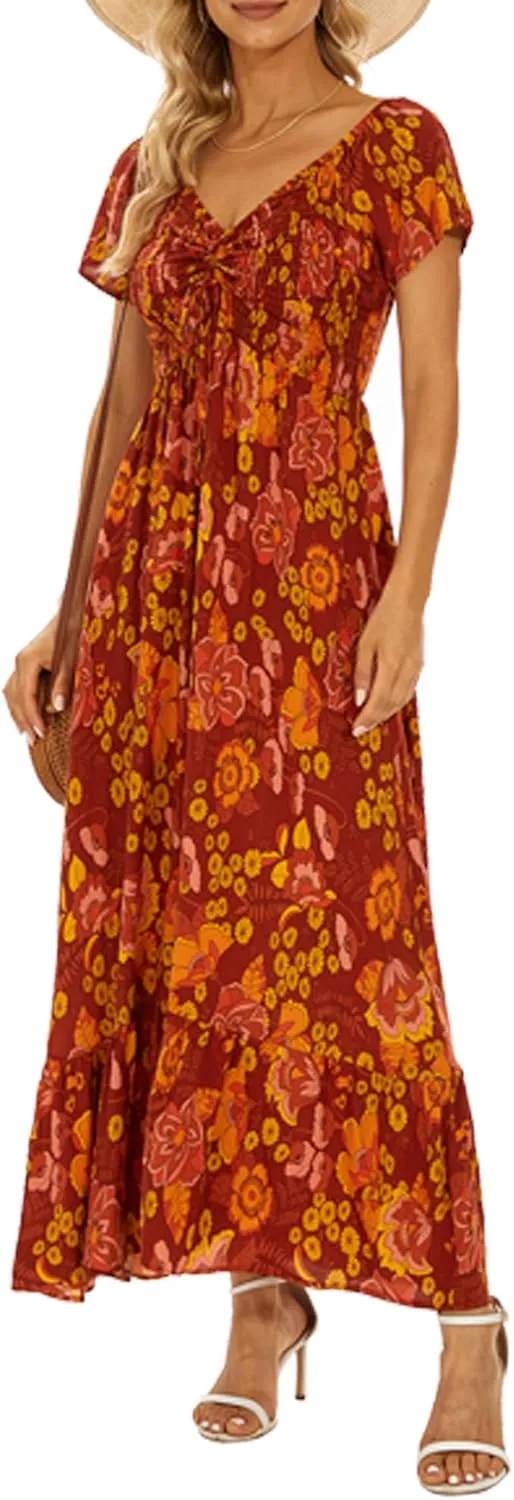 Women's Summer Casual Short Sleeve V Neck Smocked Elastic Waist Tiered Boho Floral Flowy Maxi Dress