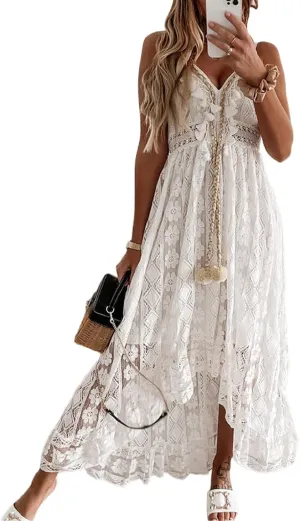 Women's Summer Dresses Casual Spaghetti Strap Sexy V Neck Lace Hem Maxi Dresses Sleeveless Swing Sundress Vacation Beachwear