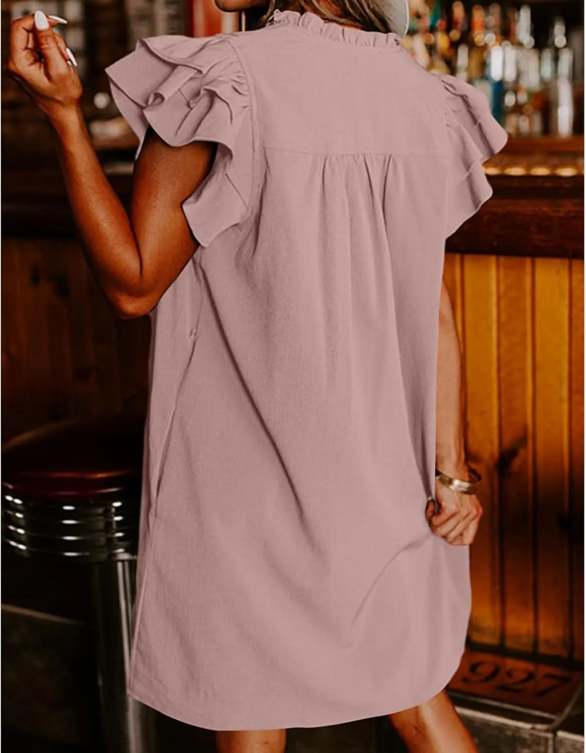 Womens Summer Dresses Casual V Neck Ruffle Cap Short Sleeve Mini Dress Smocked A Line Flowy Sundress with Pockets