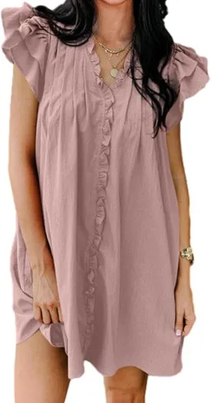 Womens Summer Dresses Casual V Neck Ruffle Cap Short Sleeve Mini Dress Smocked A Line Flowy Sundress with Pockets