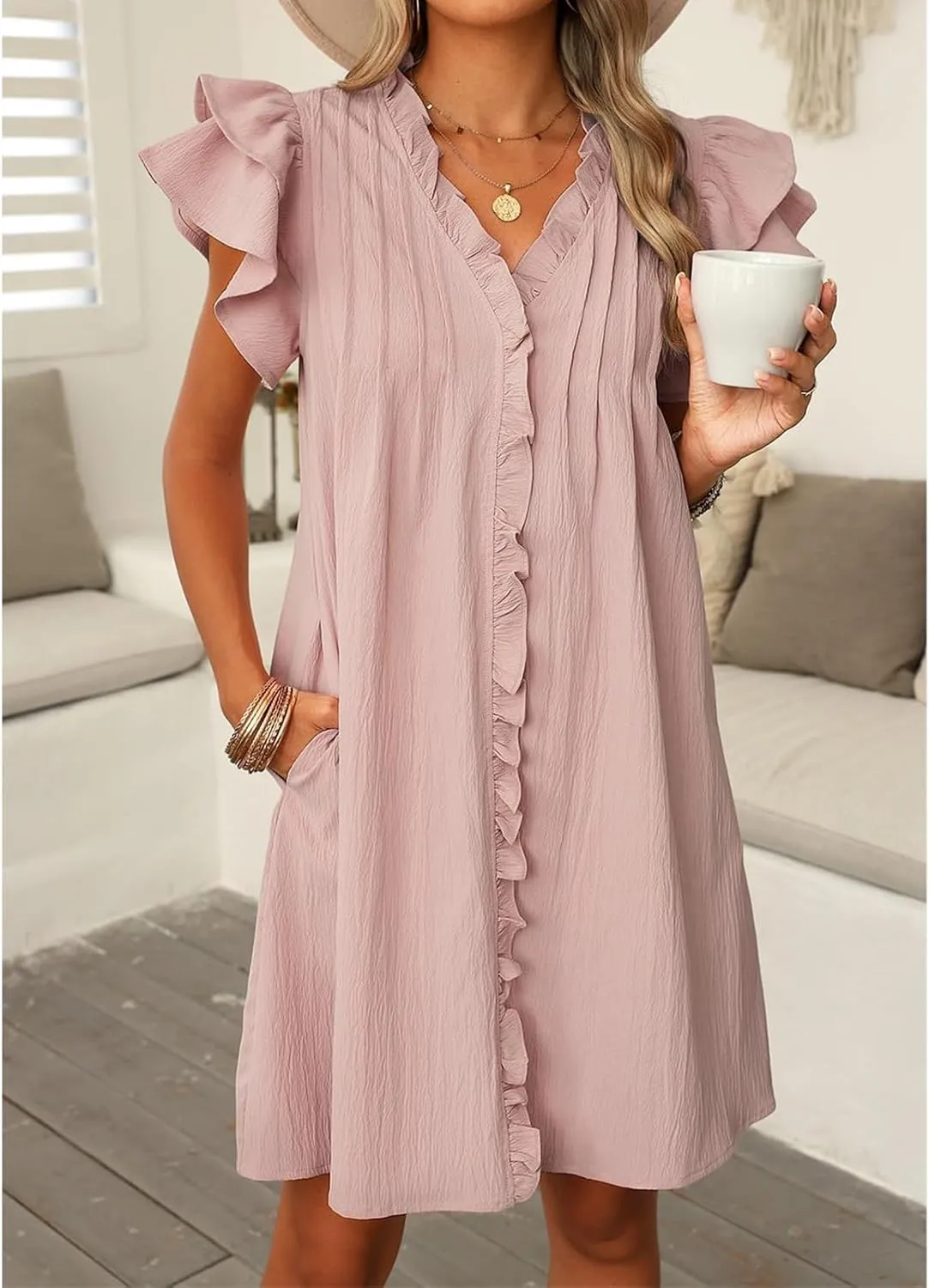Womens Summer Dresses Casual V Neck Ruffle Cap Short Sleeve Mini Dress Smocked A Line Flowy Sundress with Pockets