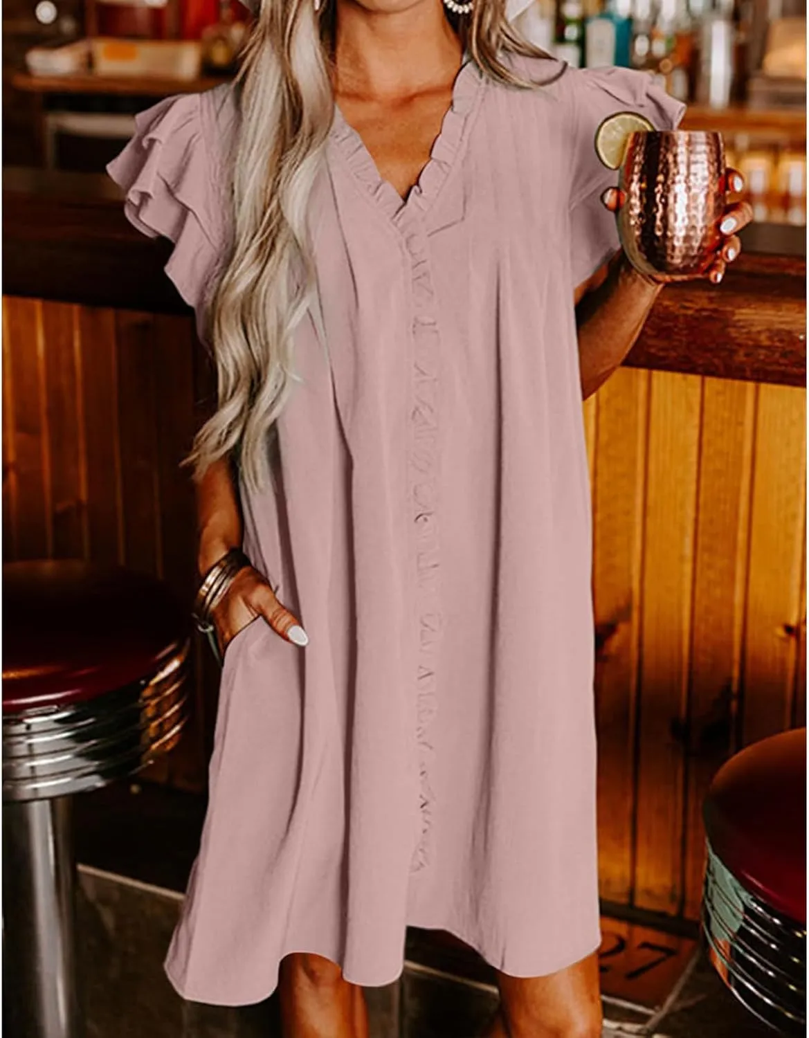 Womens Summer Dresses Casual V Neck Ruffle Cap Short Sleeve Mini Dress Smocked A Line Flowy Sundress with Pockets