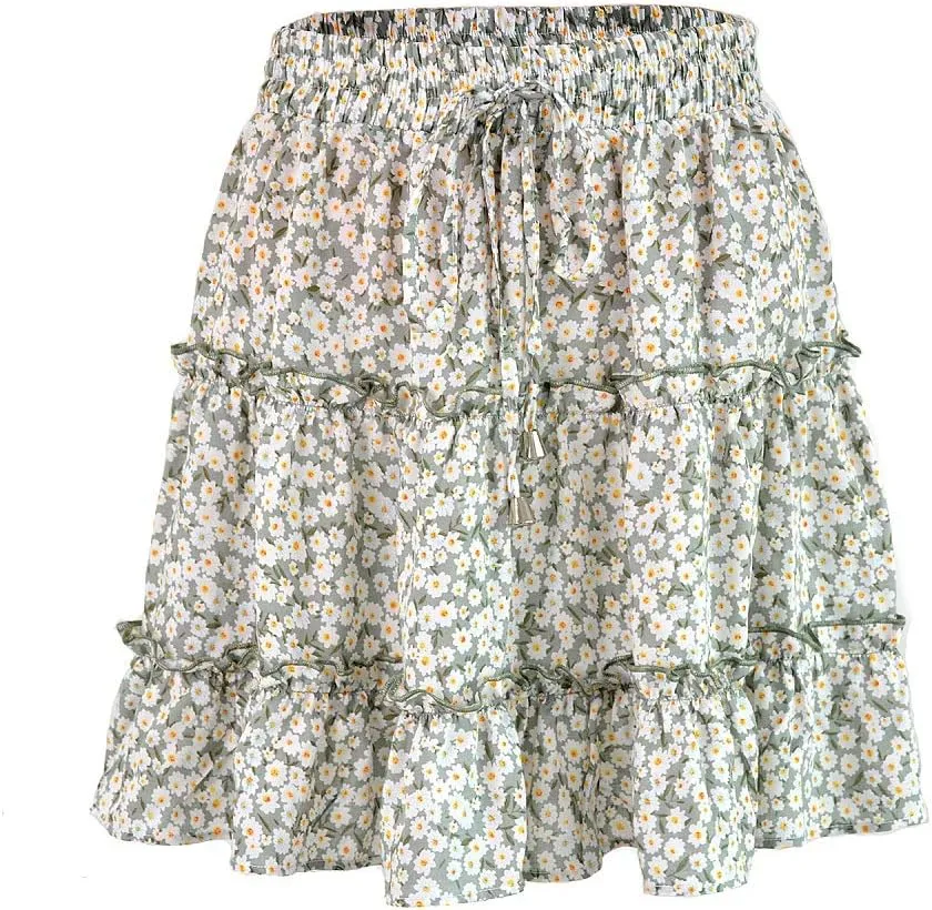 Womens Summer Flowy Tiered Ruffle Mini Skirt Cute High Waist Beach Boho Floral Polka Dot Short Skirts