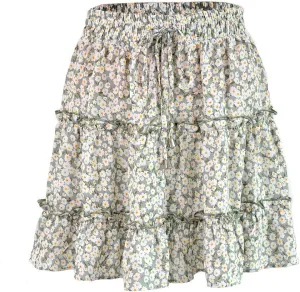 Womens Summer Flowy Tiered Ruffle Mini Skirt Cute High Waist Beach Boho Floral Polka Dot Short Skirts