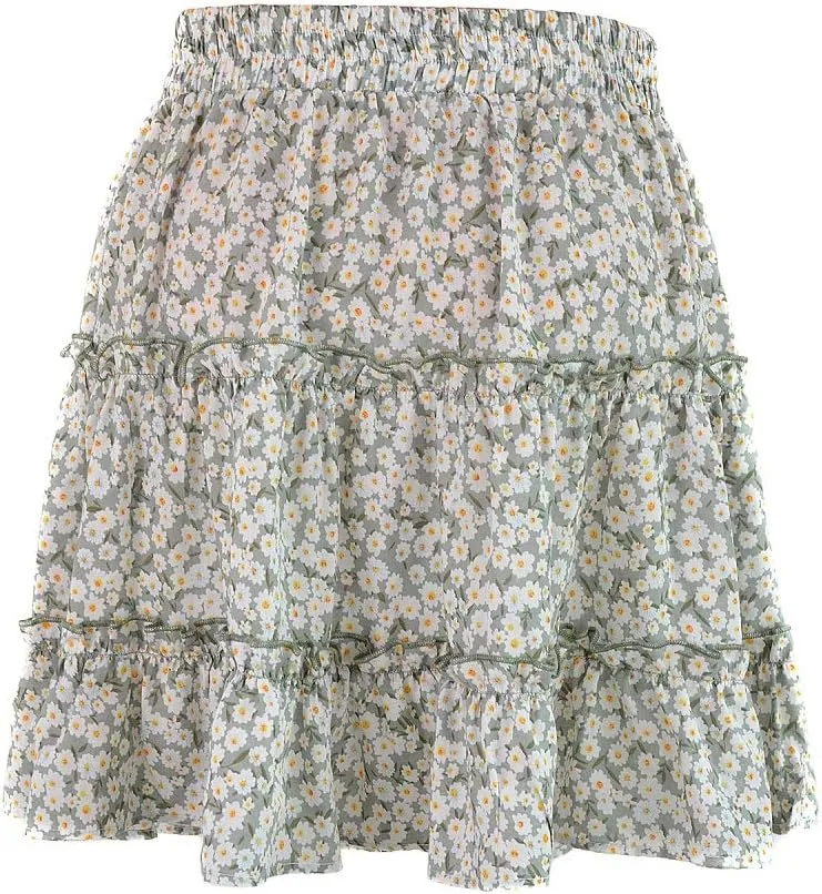 Womens Summer Flowy Tiered Ruffle Mini Skirt Cute High Waist Beach Boho Floral Polka Dot Short Skirts