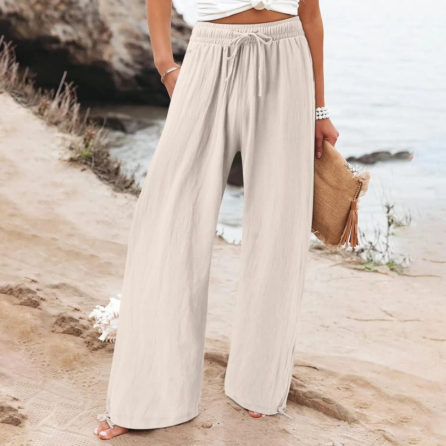 Women's Summer High Waisted Cotton Linen Palazzo Pants Wide Leg Long Lounge Pocked Pants Baggy Drawstring Trousers