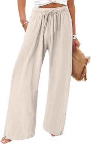 Women's Summer High Waisted Cotton Linen Palazzo Pants Wide Leg Long Lounge Pocked Pants Baggy Drawstring Trousers