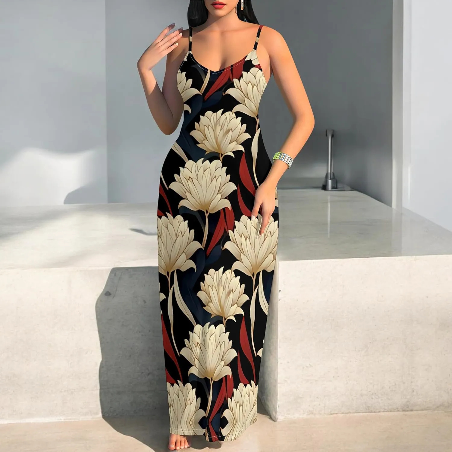 Women's Summer Maxi Dress Casual African Print Spaghetti Strap Long Maxi Dresses Sexy V-Neck Floral Sleeveless Beach Sundress