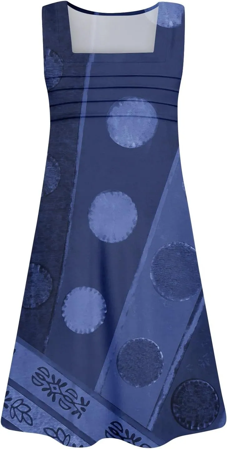 Women's Sun Dresses Summer Casual Square Neck Pleated Floral Print Swing Sundresses Beach Tshirt Dresses, S-3XL