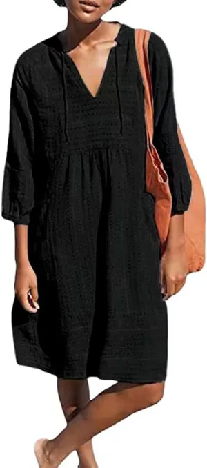 Womens V Neck Cotton Linen Summer Casual Loose Shirts Tunic 3/4 Sleeve Smock Dresses Beach Vacation Dress with Pocket