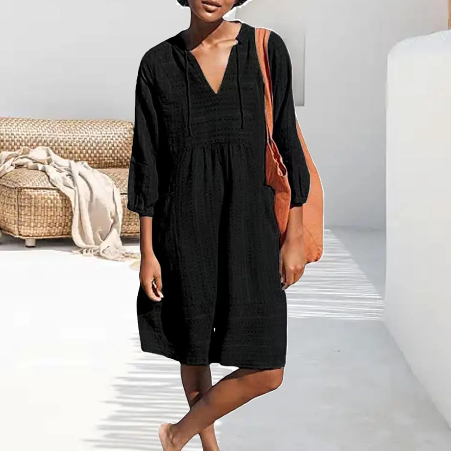 Womens V Neck Cotton Linen Summer Casual Loose Shirts Tunic 3/4 Sleeve Smock Dresses Beach Vacation Dress with Pocket
