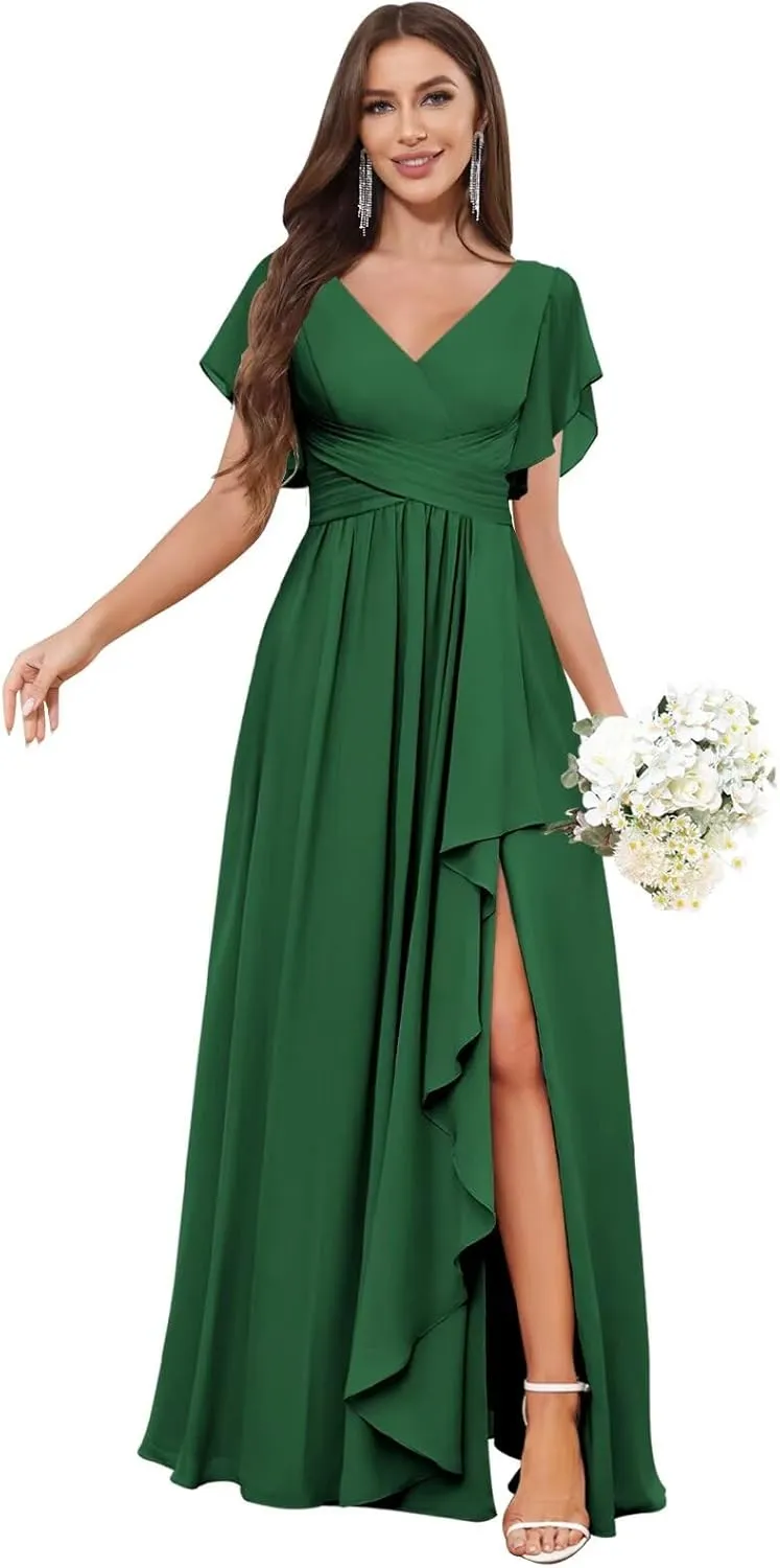 Women's V-Neck Emerald Green Long Bridesmaid Dresses with Sleeves A-line Chiffon Ruched Formal Evening Gowns Size 0