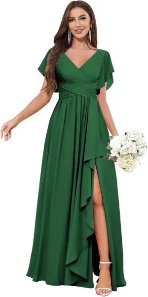 Women's V-Neck Emerald Green Long Bridesmaid Dresses with Sleeves A-line Chiffon Ruched Formal Evening Gowns Size 0