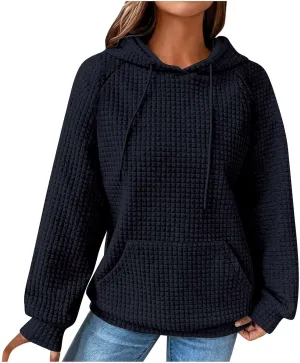 Womens Waffle Knit Hoodies Cute Hooded Sweatshirt Fall Casual Drawstring Pullover Sweater Workout Gym Hoodie Tops