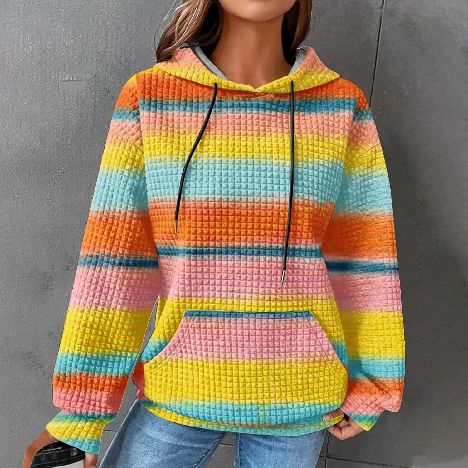 Womens Waffle Knit Hoodies Cute Hooded Sweatshirt Fall Casual Drawstring Pullover Sweater Workout Gym Hoodie Tops