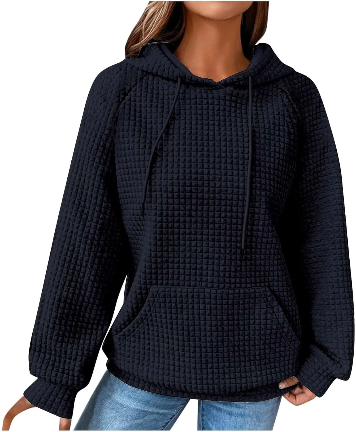 Womens Waffle Knit Hoodies Cute Hooded Sweatshirt Fall Casual Drawstring Pullover Sweater Workout Gym Hoodie Tops