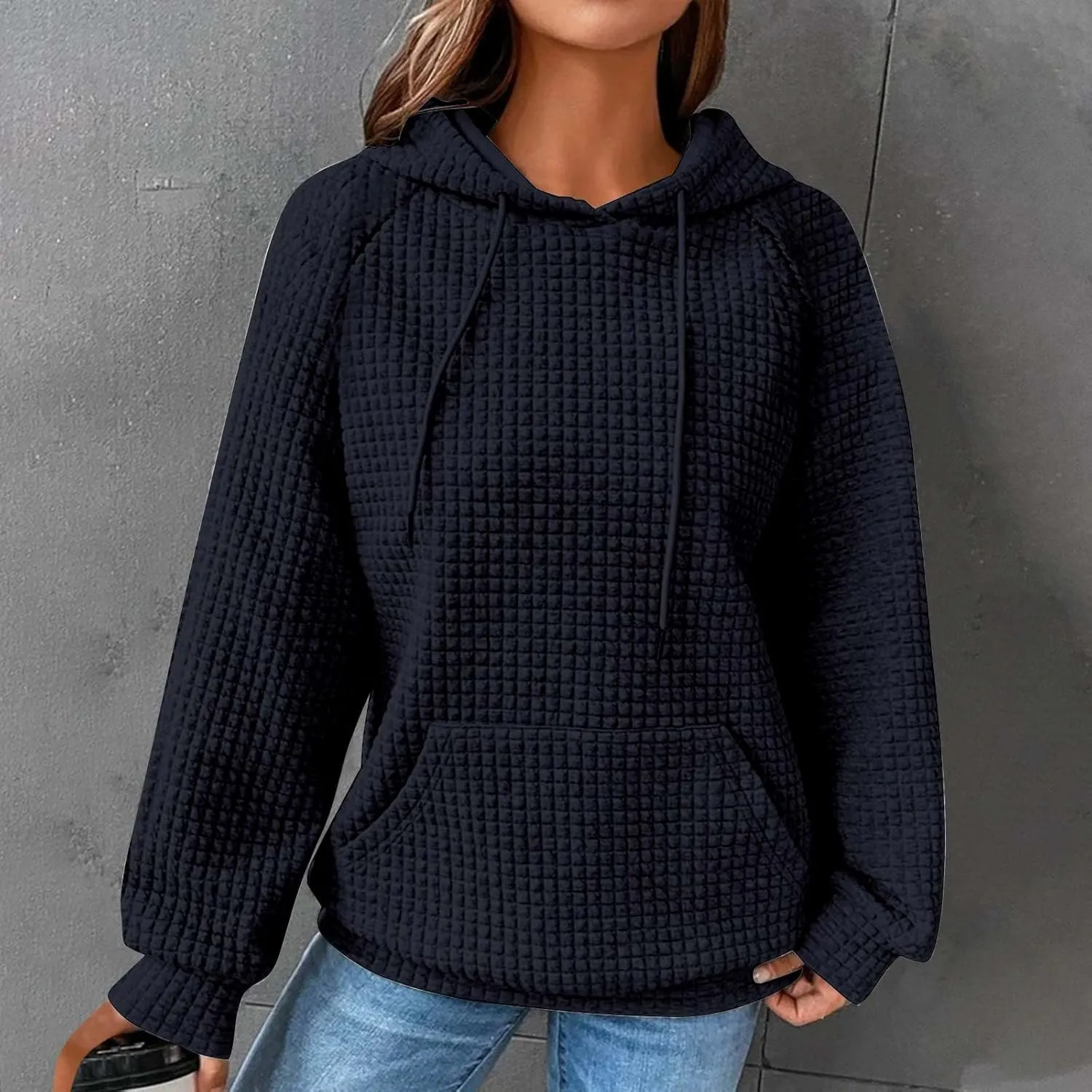 Womens Waffle Knit Hoodies Cute Hooded Sweatshirt Fall Casual Drawstring Pullover Sweater Workout Gym Hoodie Tops