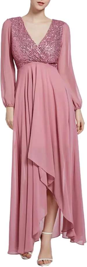 Women's Wedding Bridesmaid Sparkly Maxi Gown, Elegant Formal Long Sleeve V-Neck Chiffon Evening Dress Flowy Dresses