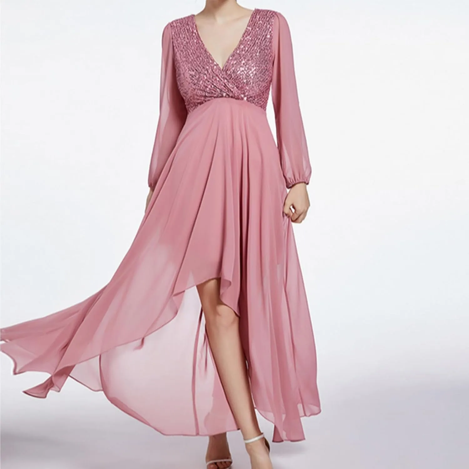 Women's Wedding Bridesmaid Sparkly Maxi Gown, Elegant Formal Long Sleeve V-Neck Chiffon Evening Dress Flowy Dresses