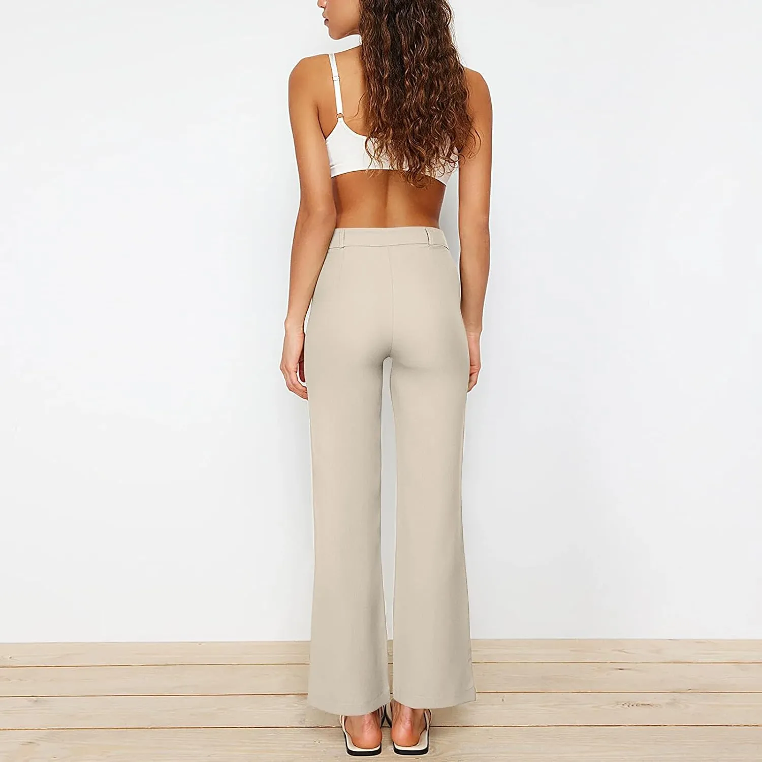Women's Wide Leg Dress Pants Seam Front Tailored Trousers with Pockets High Waist Stretch Work Pants Casual Slacks