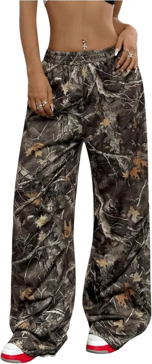 Women's Y2K Camo Print Sweatpants Wide Leg Baggy Sweatpants Camouflage High Waisted Pants Loose Trousers