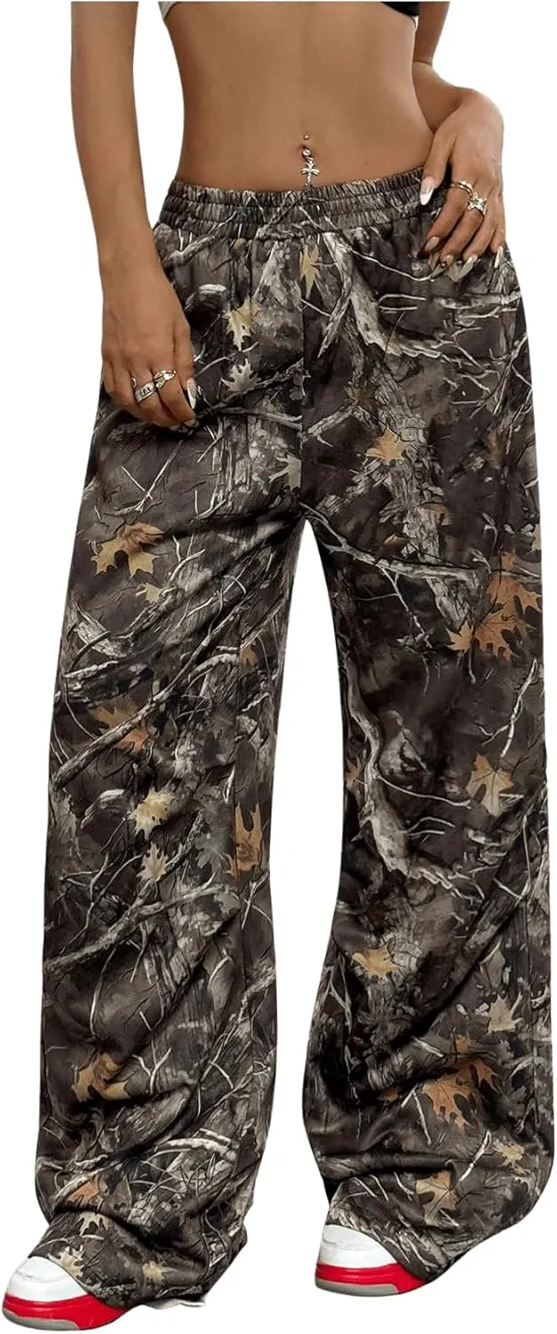 Women's Y2K Camo Print Sweatpants Wide Leg Baggy Sweatpants Camouflage High Waisted Pants Loose Trousers